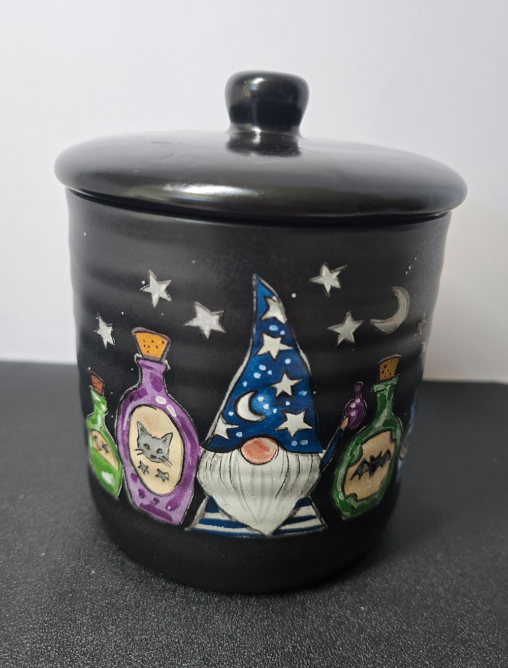 Cobwebs & Cauldrons 5 1/2" Gnomes & Potions Black Canister w/lid